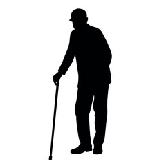 A Old Grandpa Stand with cane vector silhouette, Old man walking with cane vector silhouette