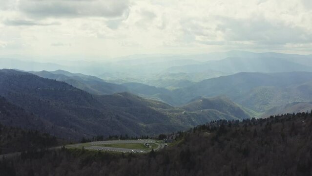 Aerial view of Waterrock Knob parking area overlooking scenic Blue Ridge Mtns