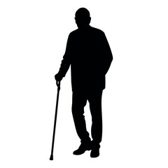 A Old Grandpa Stand with cane vector silhouette, Old man walking with cane vector silhouette