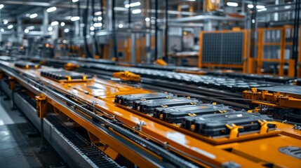 an electric vehicle production line, showcasing rows of battery cells on an assembly belt in a modern factory hall.  technology and innovation concept