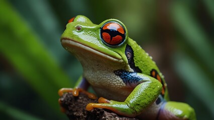 Fototapeta premium close up portrait of a green frog relaxing on a leaf stem