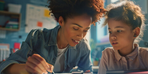 A teacher patiently guides a student through a complex math problem, their faces filled with concentration