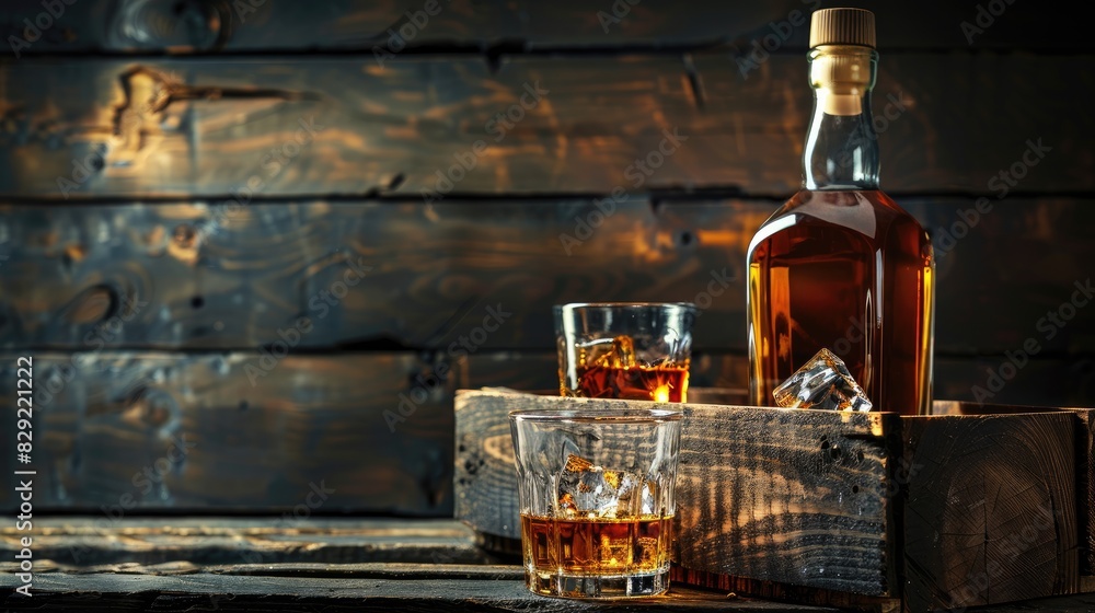 Poster whiskey on the rocks in a glass and bottle on a wooden crate with a dark backdrop close up shot room