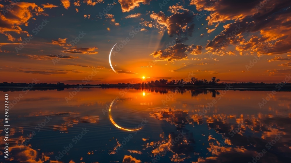 Aufkleber the reflection of the ring of fire solar eclipse on a tranquil lake creating a mirrored effect.