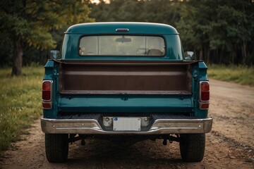 back of the vintage truck, showcasing the tailgate, taillights, and rear bumper