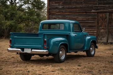 the back and side of the vintage truck, showcasing the tailgate, taillights, and rear bumper.