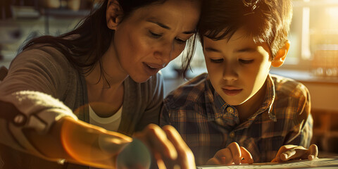 A teacher patiently guides a student through a complex math problem, their faces filled with concentration