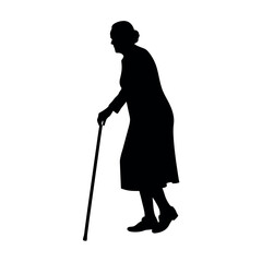 a old Age woman walking with cane vector silhouette, white background