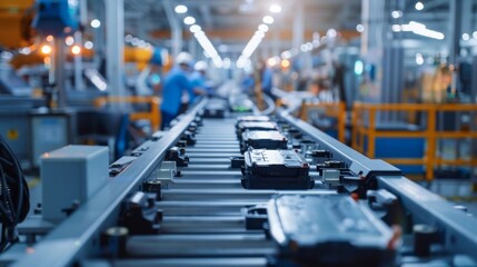 an electric vehicle production line, showcasing rows of battery cells on an assembly belt in a modern factory hall.  technology and innovation concept