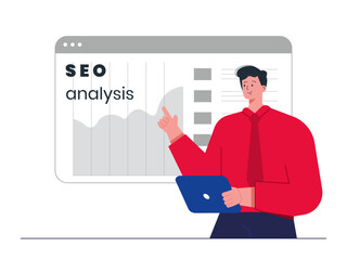 Businessman presenting SEO data analysis. SEO vector illustration