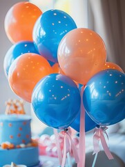 A birthday party with cake, balloons and decorations in light blue pastel colors. 