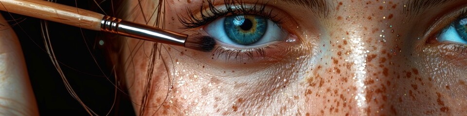 Naklejka premium Panorama photo of a Woman holding a makeup brush