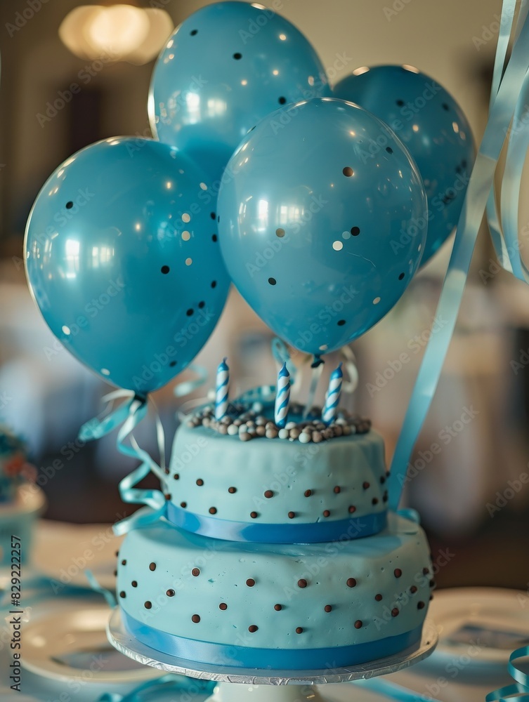 Wall mural a birthday party with cake, balloons and decorations in light blue pastel colors.