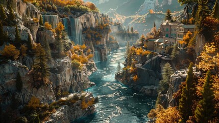 A scene featuring a river cliffs trees and buildings