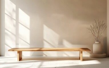 Minimalistic Interior with Wooden Bench and Sunlight