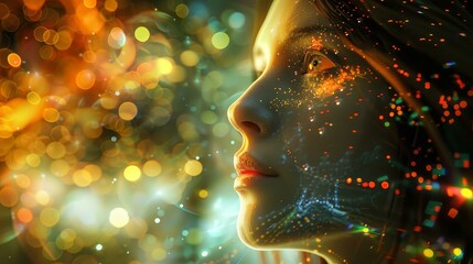 Enchanting depiction of a graceful woman in a surreal abstract landscape with shimmering lights and fractal patterns, highdetail artistic render.