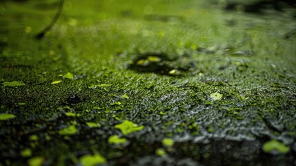 Close up photograph of a swamp pond surface covered in duckweed