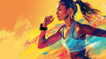 Illustration of a graceful woman tracking fitness goals with a smartwatch, dynamic and engaging in high resolution.
