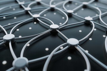 Logistics technology illustrated by pearl white pathways across a dark steel scene.