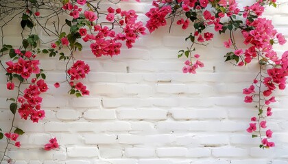 Blooming pink bougainvillea flowers on white brick arch wall Summery floral backdrop