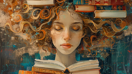 Elegant woman with books, intellectual and curious, dynamic and engaging, highresolution artwork.