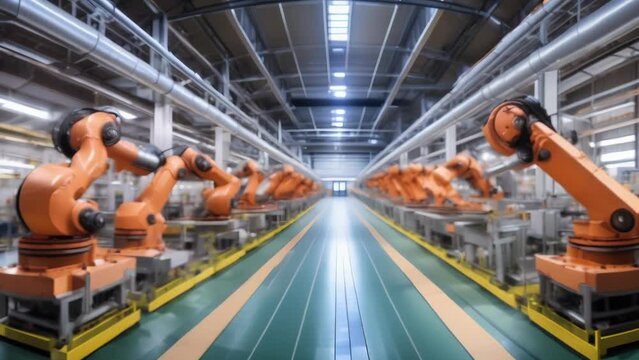 Robotic arms working on an automated assembly line in a modern factory, illuminated by bright overhead lights. The precision and efficiency highlight themes of technology, innovation.