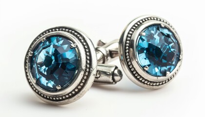 Blue crystal Vintage silver cufflinks on white background