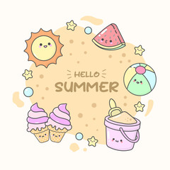 hello summer sun beach ice cream watermelon with cute facial expressions and pastel colour