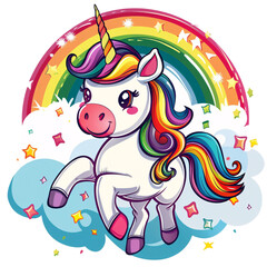 Naklejka premium A cute cartoon puppy with floppy ears and a happy smile stands under a bright, colorful rainbow on a white background. This charming image exudes joy and innocence, ideal for use in kids' content and