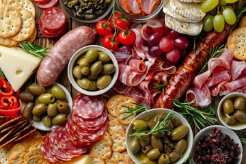 Buffet spread of antipasti charcuterie snacks wine sausages ham tapas olives cheese crackers High angle view - Powered by Adobe