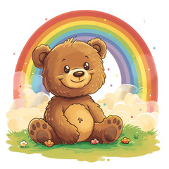 A lovable cartoon bear with a soft, round belly and a friendly expression sits happily under a vibrant rainbow on a white background. This delightful image is ideal for nursery decor and children�s