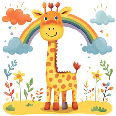 Fototapeta premium A sweet cartoon giraffe with a long neck and spots stands under a bright rainbow on a transparent background. The whimsical and friendly design is ideal for children's room decor and fun,clip art