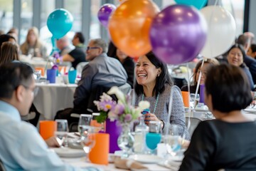 Professional Photography of a corporate anniversary celebration, with employees reflecting on past achievements and looking, Generative AI