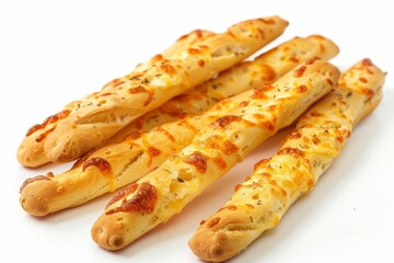 Cheese covered breadsticks on a white surface