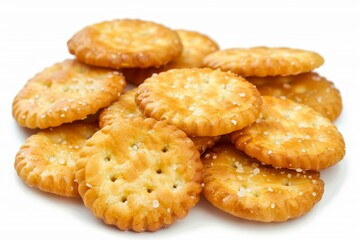 Cheese crackers with salt in various sizes on white background