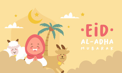 Holy Eid Al Adha Mubarak Cute Banner Cartoon doodle