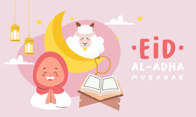 Holy Eid Al Adha Mubarak Cute Banner Cartoon doodle