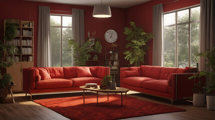 A modern living room with red furniture like sofas and bookshelf, red room concept
