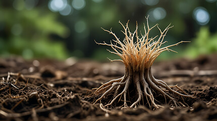 Detailed Close-Up of Plant Roots under the ground with bokeh background and copy space
