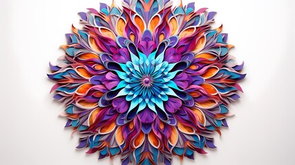 An intricate mandala in vibrant hues on a white surface.