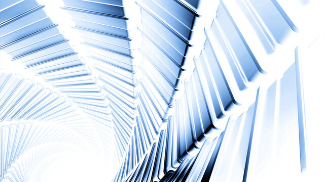 Flight in abstract sci-fi tunnel, futuristic graphics. Design. Spinning neon glowing corridor with metal planks.