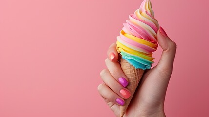Colorful Rainbow Ice Cream Cone Against Pink Background with Manicured Hand