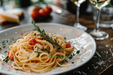 Close-up of Delicious Pasta Dish on Rustic Table with Wine Glasses and Fresh Ingredients