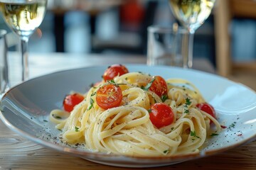 Delicious Italian Pasta Dish with Cherry Tomatoes and Wine in Elegant Restaurant Setting