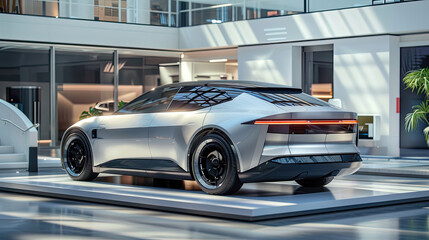 Futuristic Electric Car Showcase in Modern Exhibition Hall