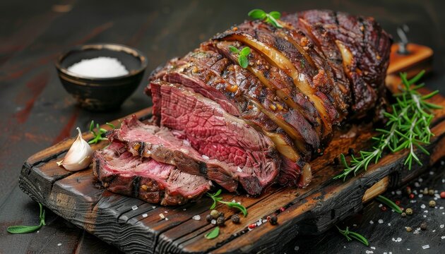 Classic Sunday roast with sliced roast beef garlic salt on charred wooden board