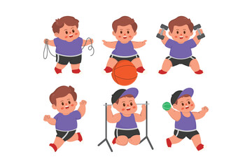 cartoon illustration set of children playing jump rope,basketball,fitnes,run,pull up,tenis .characters doing sports with a simple happy concept