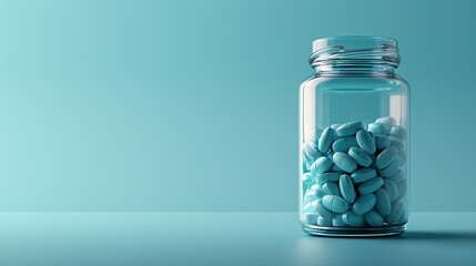 Glass Jar of Blue Pills on Turquoise Background - Pharmaceutical and Healthcare Concept