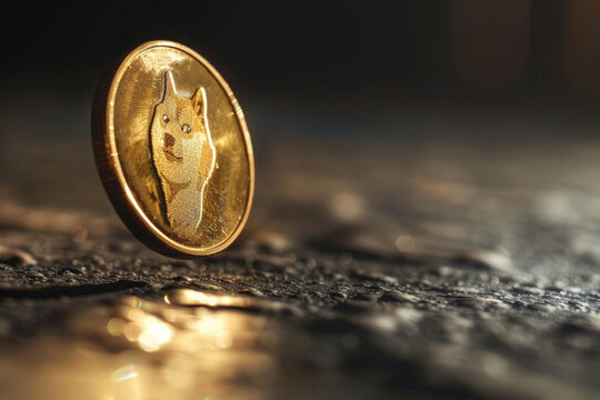 Golden Dogecoin Cryptocurrency Coin on Reflective Surface with Dark Background