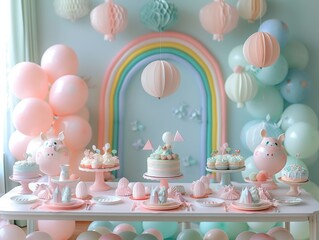 A pastel rainbow themed party with cake and decorations. 